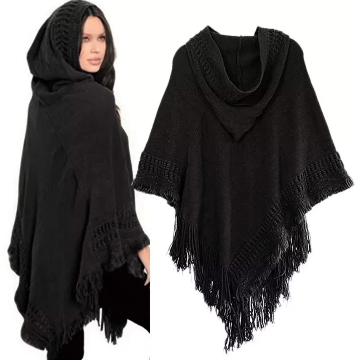 Poncho mit Kapuze Schwarz